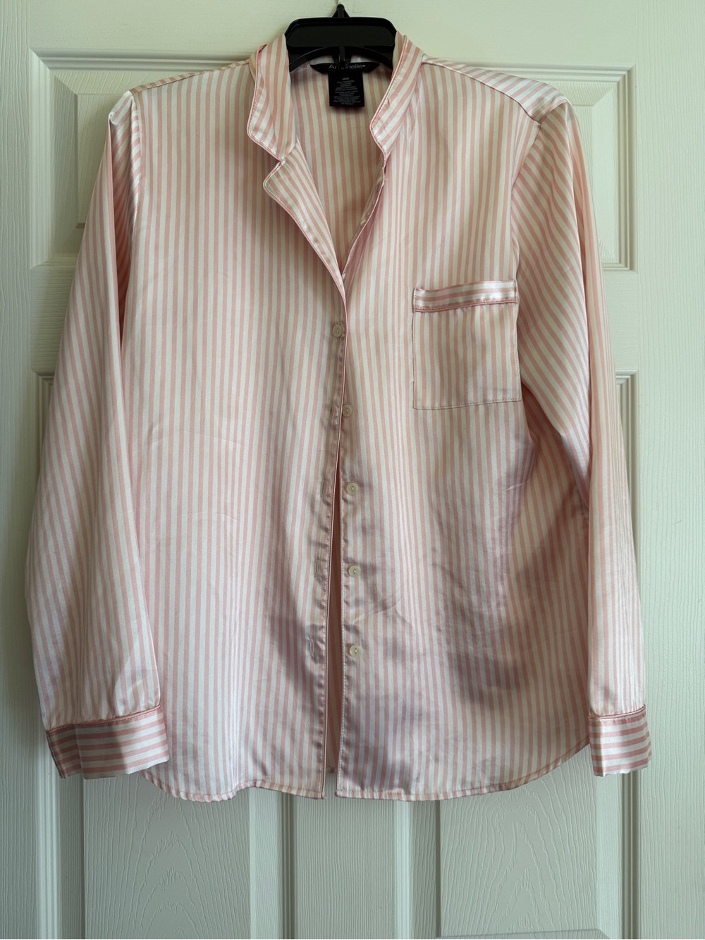 Women’s  Satin-Feel Pink Striped Button-Up Shirt pajama set